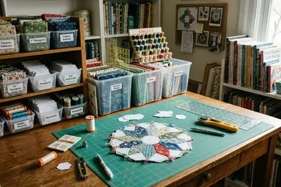 Paper pieces arranged beside stitched hexagons