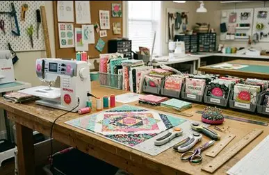Folded designer fabrics in bright stacks