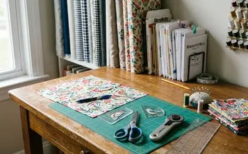 Rotary cutter beside patterned fabric